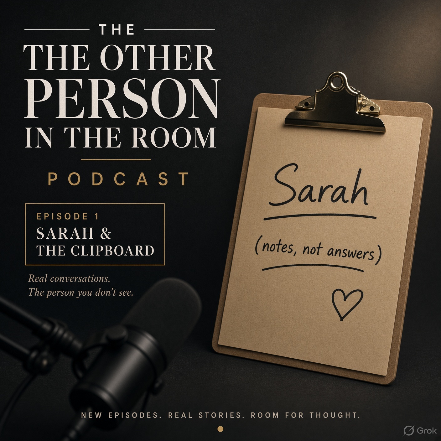 Episode one cover. A clipboard labelled Sarah, notes not answers, beside a microphone.